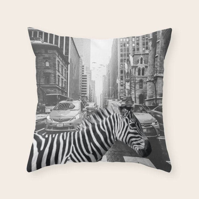 Zebra In The City - Black And White Photography Collage Throw Pillow