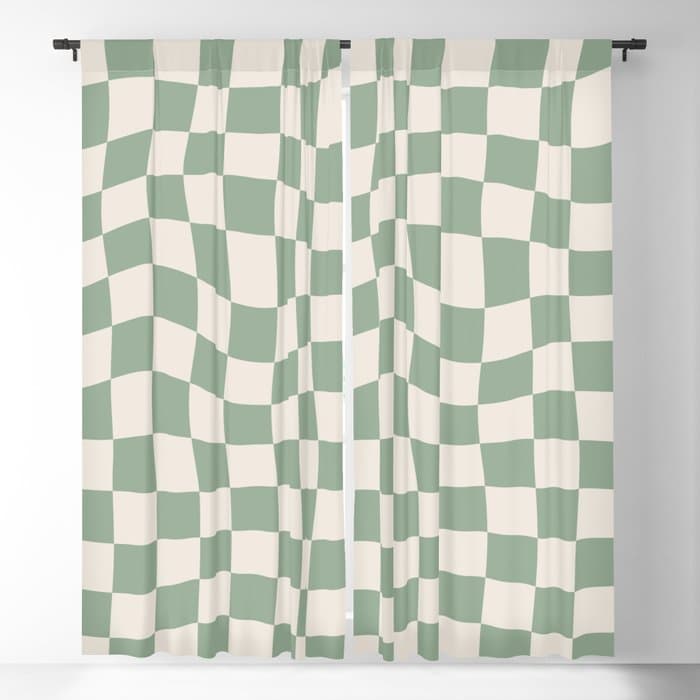 Sage Green Wavy Checkered Pattern Window Curtain