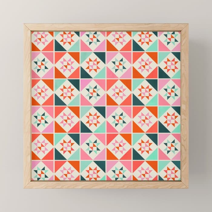 Festive Quilt Pattern in Pink, Red And Green Mini Art Print