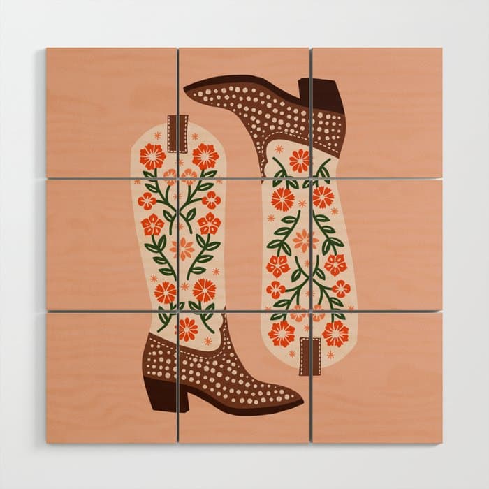 Cowgirl Boots - Orange and Green Wood Wall Art