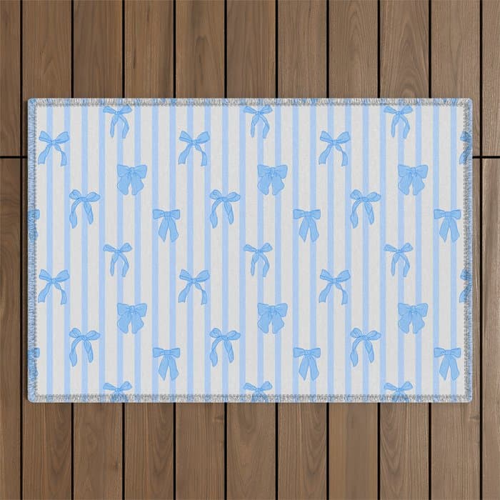 Elegant Blue Bows and Stripes Pattern Outdoor Rug