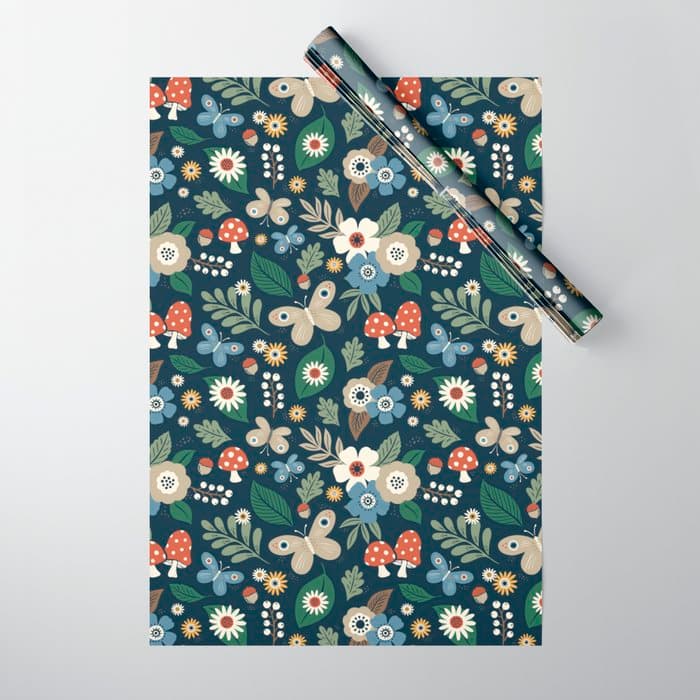 Woodland Forest Flowers - Navy Blue Wrapping Paper