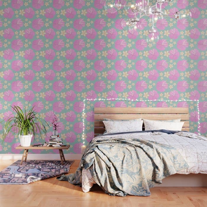 Pink and turquoise hibiscus flowers pattern Wallpaper