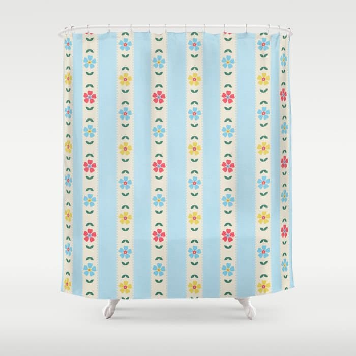 Granny Style Vintage Florals And Light Blue Stripes Shower Curtain