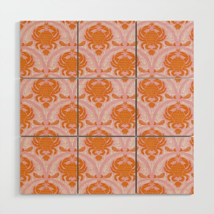 Orange Crab On Pink Pattern Wood Wall Art