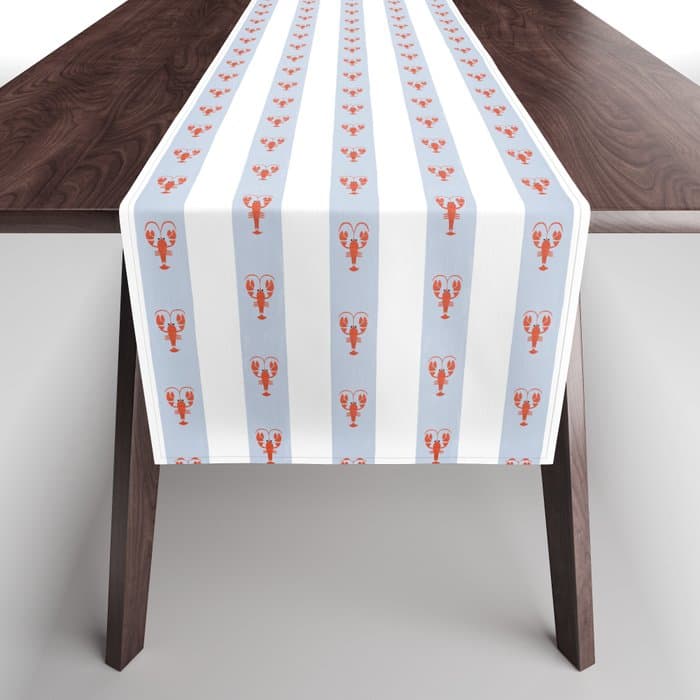 Red Lobsters On Hand-Painted Blue Stripes Table Runner