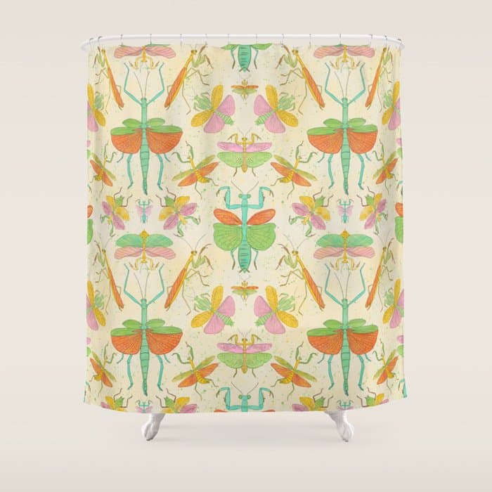 Whimsical Praying Mantis Retro Colors Shower Curtain
