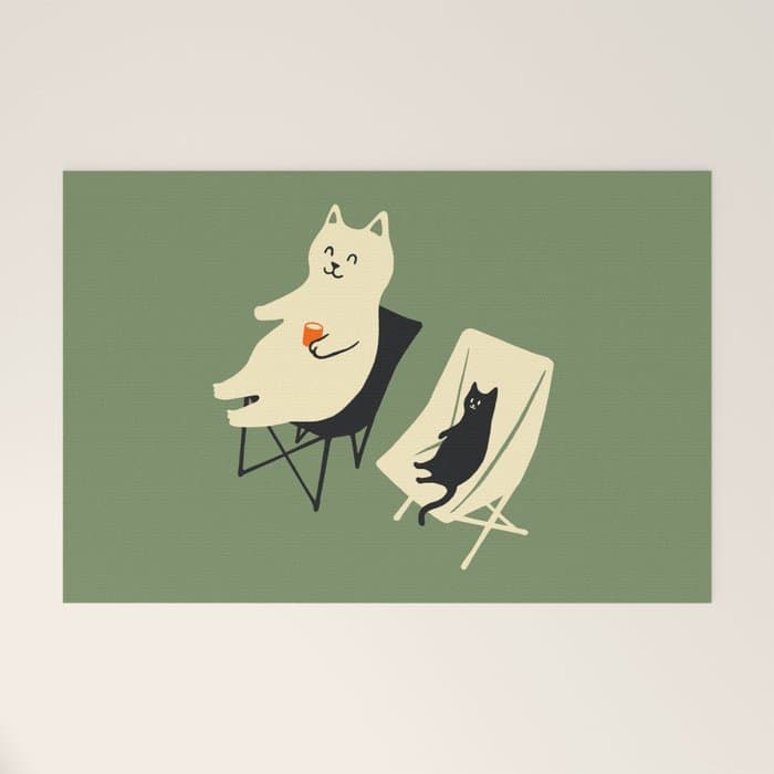 Happy go Lucky Cat 4r relax enjoy coffee on chair Welcome Mat