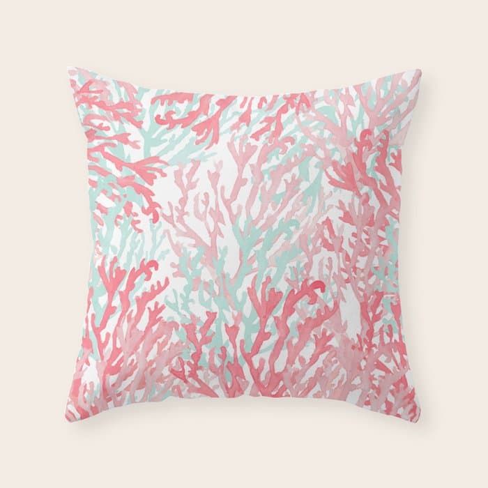 Modern hand painted coral pink teal reef coral floral Throw Pillow