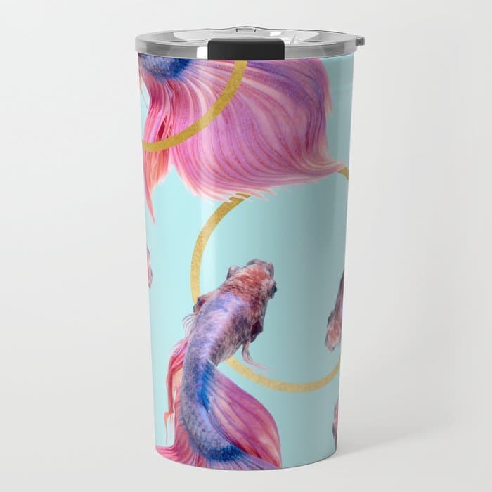 HullaHoops, Eclectic Colorful Fish Graphic Design, Animals Gold Rings Surrealism Quirky Travel Mug