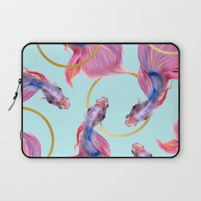 HullaHoops, Eclectic Colorful Fish Graphic Design, Animals Gold Rings Surrealism Quirky Laptop Sleeve