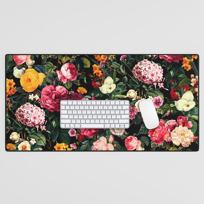 Floral D - Red, Pink, Yellow, Green, Black Baroque Floral Blossom Desk Mat