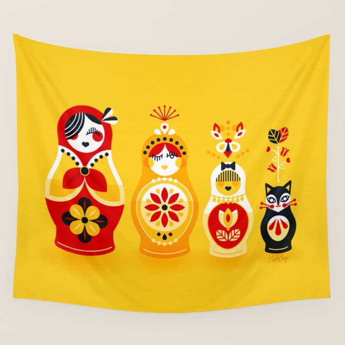 Russian Nesting Dolls - Yellow & Red Wall Tapestry