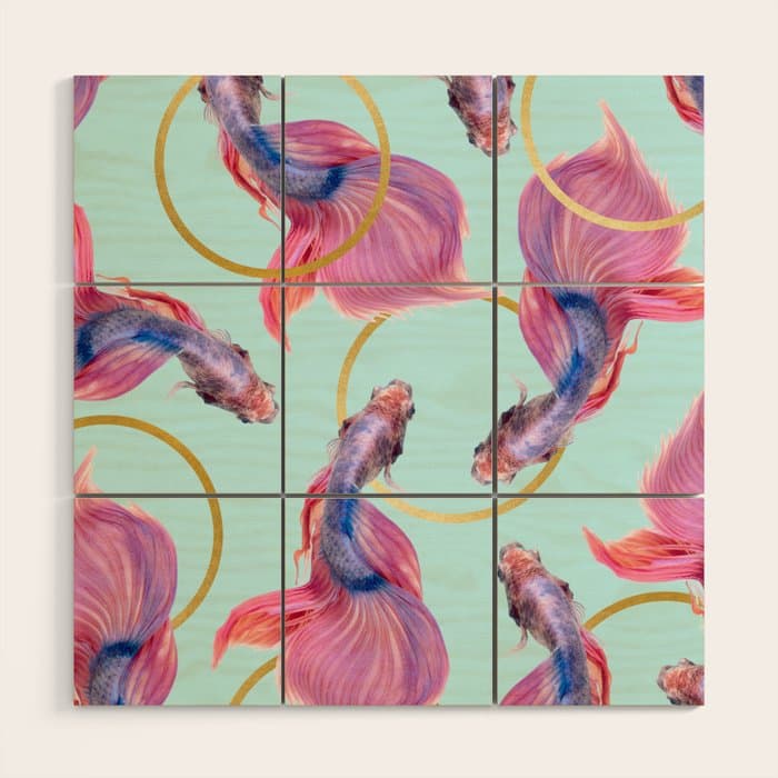 HullaHoops, Eclectic Colorful Fish Graphic Design, Animals Gold Rings Surrealism Quirky Wood Wall Art
