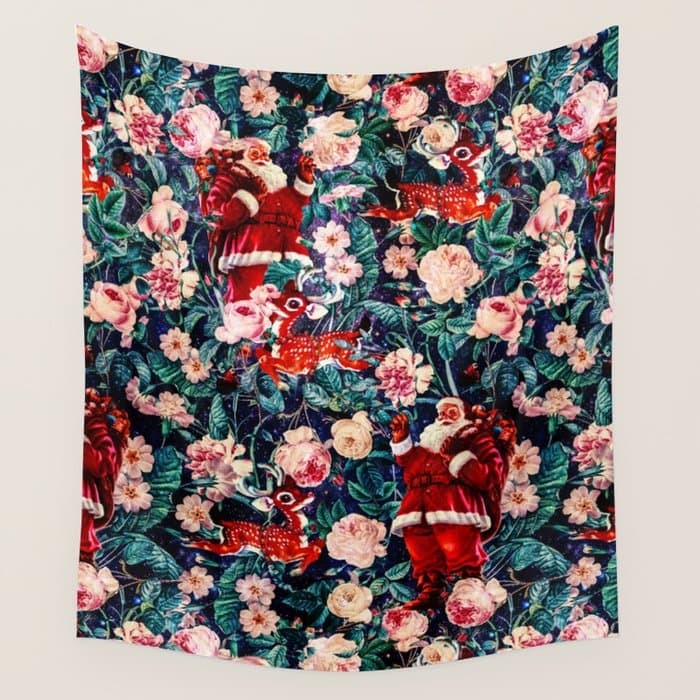 Santa Claus and Floral Pattern Wall Tapestry