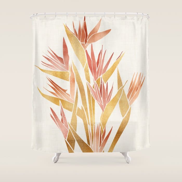 Metallic Gold Bird of Paradise Flowers Shower Curtain