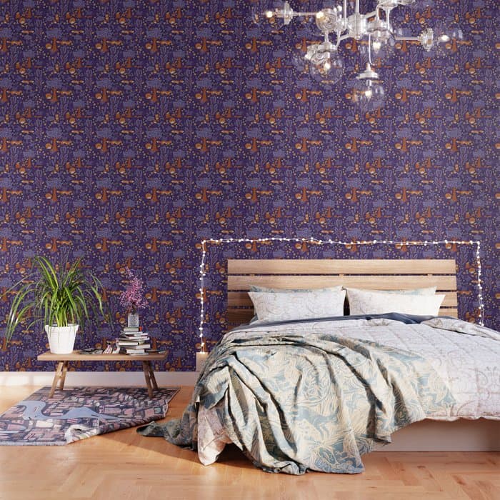 Foxes Playing in a Purple Forest Wallpaper