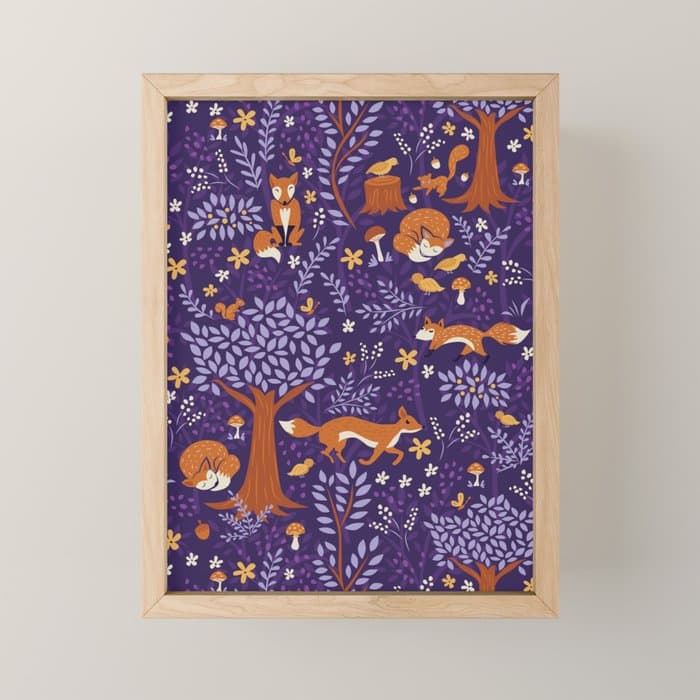 Foxes Playing in a Purple Forest Mini Art Print