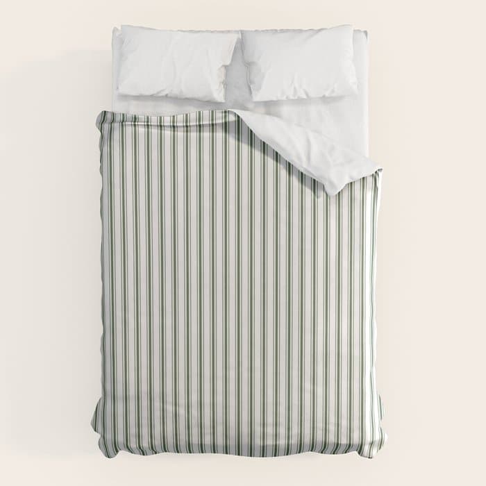 Small Dark Forest Green and White Mattress Ticking Stripes Duvet Cover
