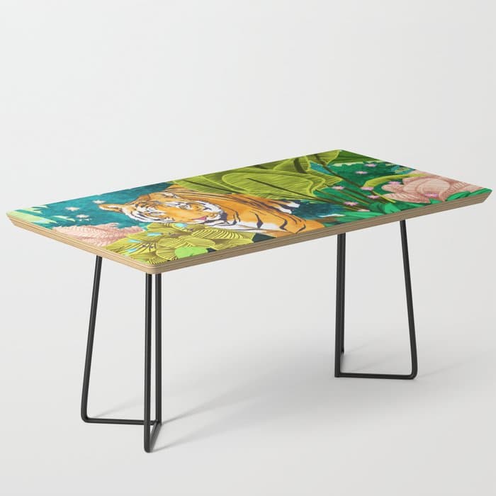 Jungle Tiger | Modern Bohemian Colorful Forest | Tropical Botanical Nature Watercolor Painting Coffee Table