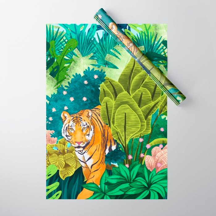 Jungle Tiger | Modern Bohemian Colorful Forest | Tropical Botanical Nature Watercolor Painting Wrapping Paper