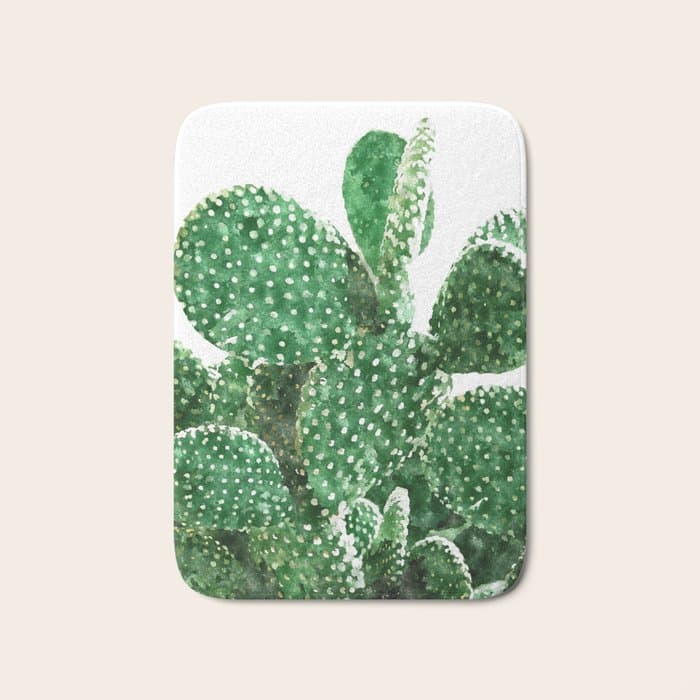 Velvet Cactus | Watercolor Botanical Plants | Minimal Boho Scandinavian Painting Bath Mat