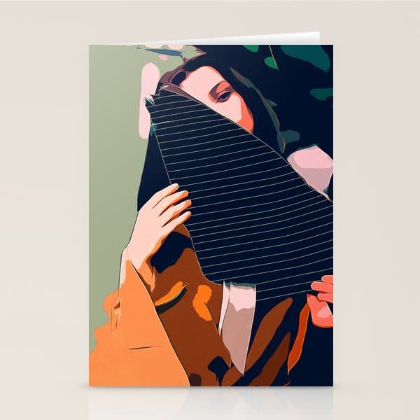 Don't Be Shy, Bohemian Woman Fashion Illustration, Eclectic Tropical Banana Leaves Feminism Stationery Card
