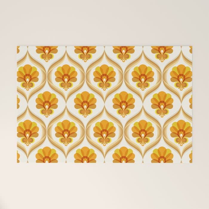 Ivory, Orange, Yellow and Brown Floral Retro Vintage Pattern Welcome Mat