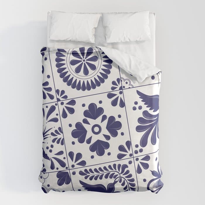 Mexican Talavera Blue Tiles Pattern by Akbaly Duvet Cover