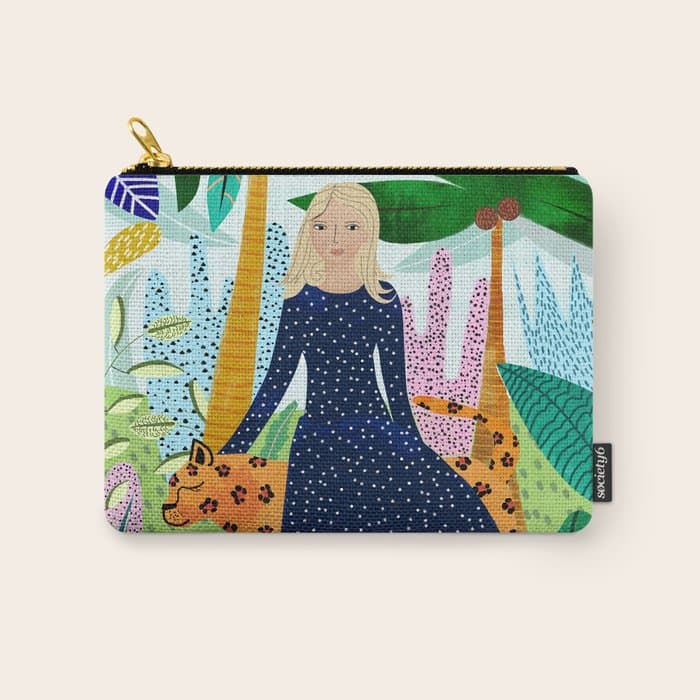 African Safari, Colorful Tropical Jungle Travel, Botanical Watercolor, Blonde Woman with a Leopard Carry All Pouch