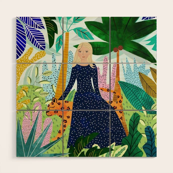 African Safari, Colorful Tropical Jungle Travel, Botanical Watercolor, Blonde Woman with a Leopard Wood Wall Art