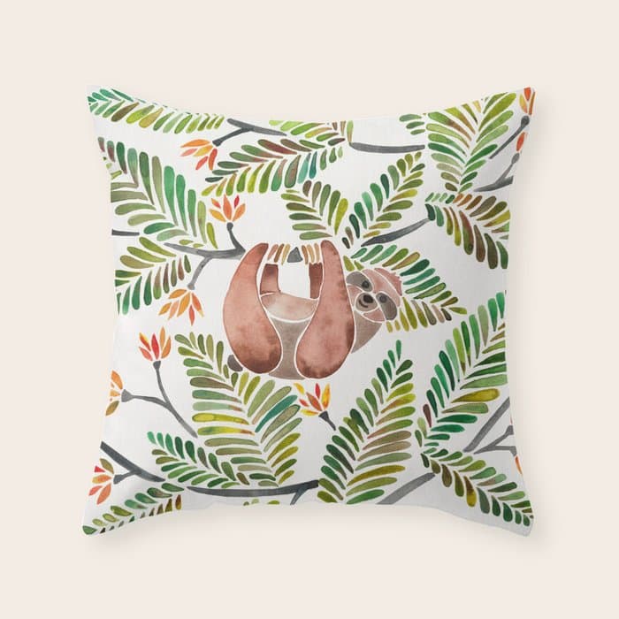 Happy Sloth - Tropical Green Rainforest Throw Pillow