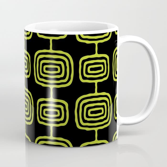 Mid Century Modern Atomic Rings Pattern Black and Chartreuse Coffee Mug