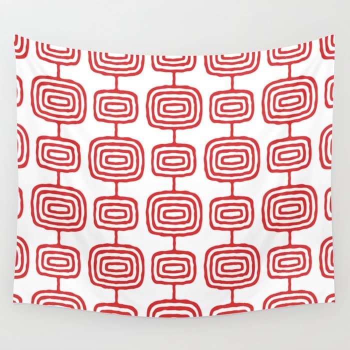 Mid Century Modern Atomic Rings Pattern Red 3 Wall Tapestry
