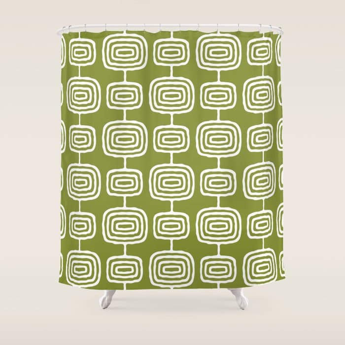 Mid Century Modern Atomic Rings Pattern Mid Mod Olive Green Shower Curtain