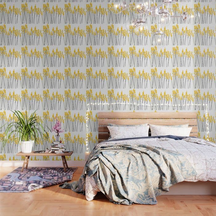 Hello Spring! Yellow/Black Retro Plants on White #decor #HomeStorie #buyart Wallpaper