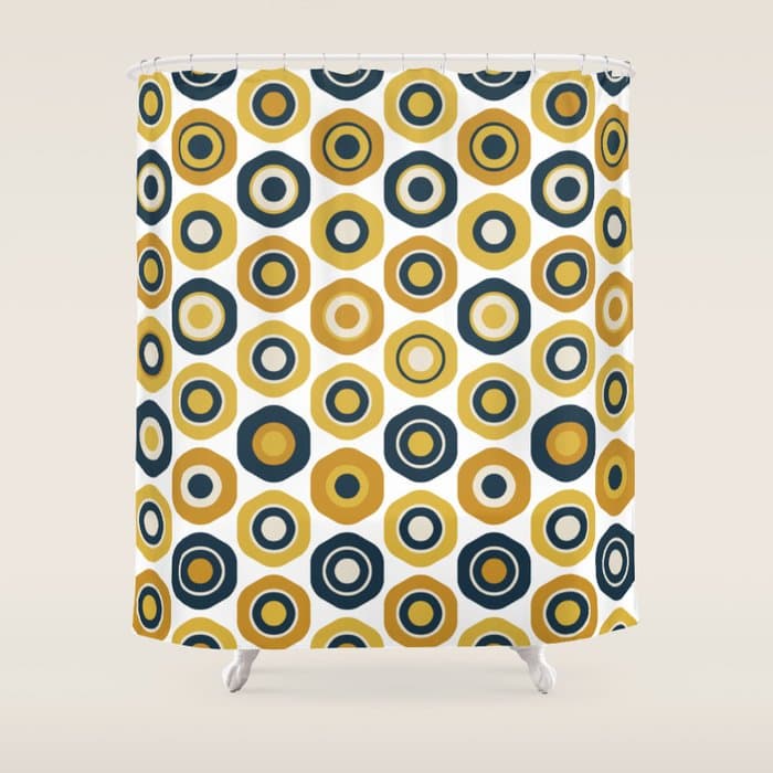 Buttons. Cute Geometric Pattern in Mustard Yellows, Blue, and Taupe on White Shower Curtain