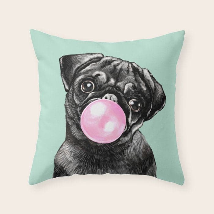 Bubble Gum Black Pug in Green Throw Pillow