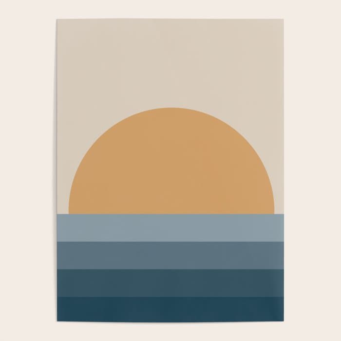 Minimal Retro Sunset Sunrise - Nautical Ocean Blue Poster