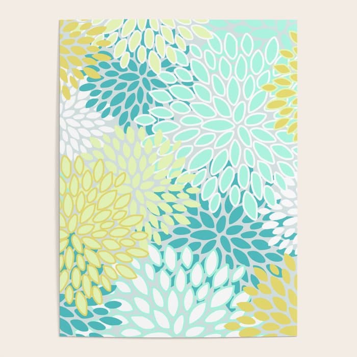 Floral Prints, Teal, Turquoise and Yellow Poster