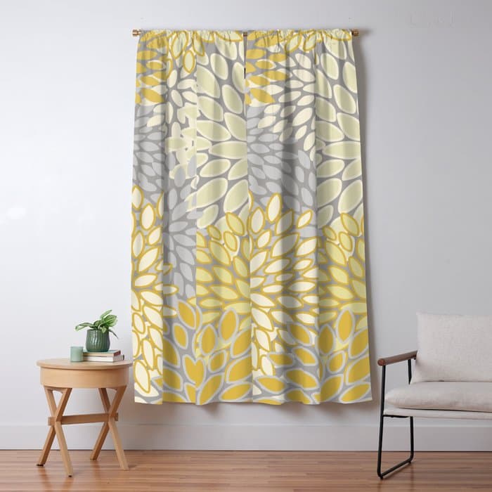 Floral Prints, Soft Yellow and Gray, Modern Print Art Window Curtain