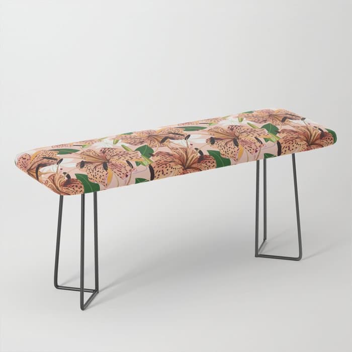 Tiger Lillies, Tropical Blush Botanical Illustration, Polka Dots Nature Vibrant Floral Jungle Bench