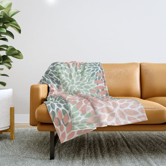 Festive, Abstract Floral Prints, Coral and Green Throw Blanket