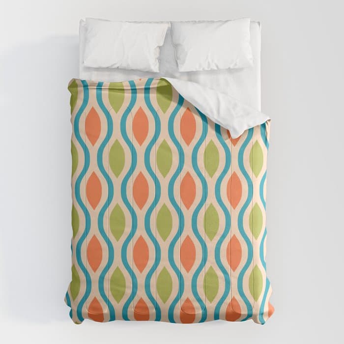 Mid Century Modern Style 336 Orange Turquoise and Olive Green Comforter