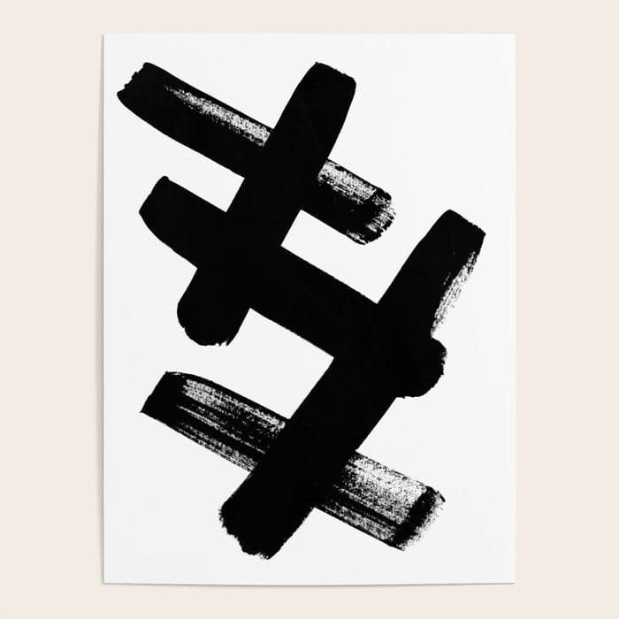 X Black & White Minimalist Abstract Mid century Ink Art Dark Brush Strokes Poster