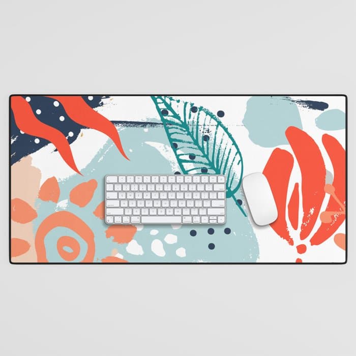 Summer Abstract, Floral Prints, Orange, Teal, Blue, Colourful Prints. Desk Mat