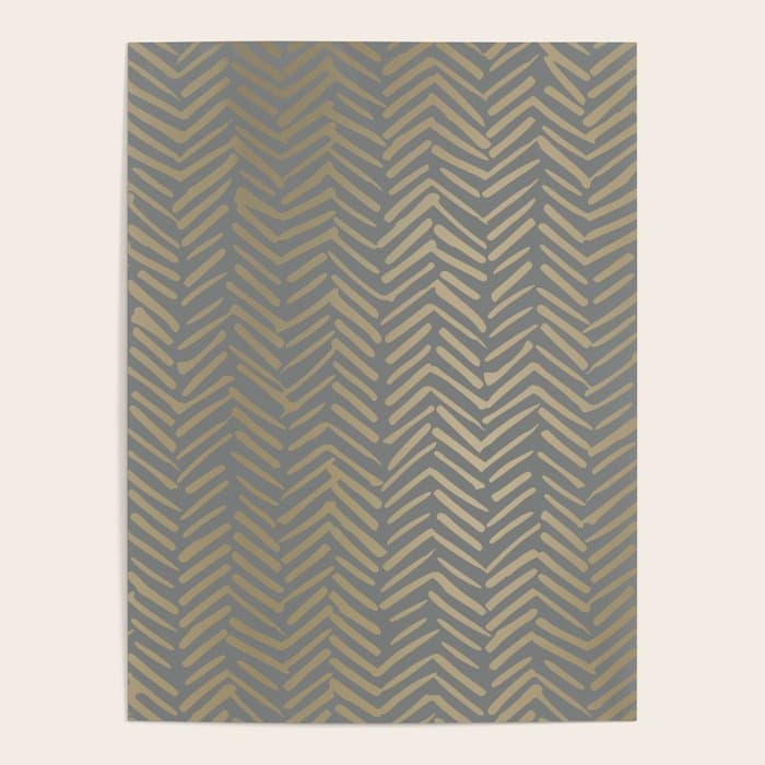 Herringbone, Boho, Mudcloth Pattern, Grey and Gold Poster