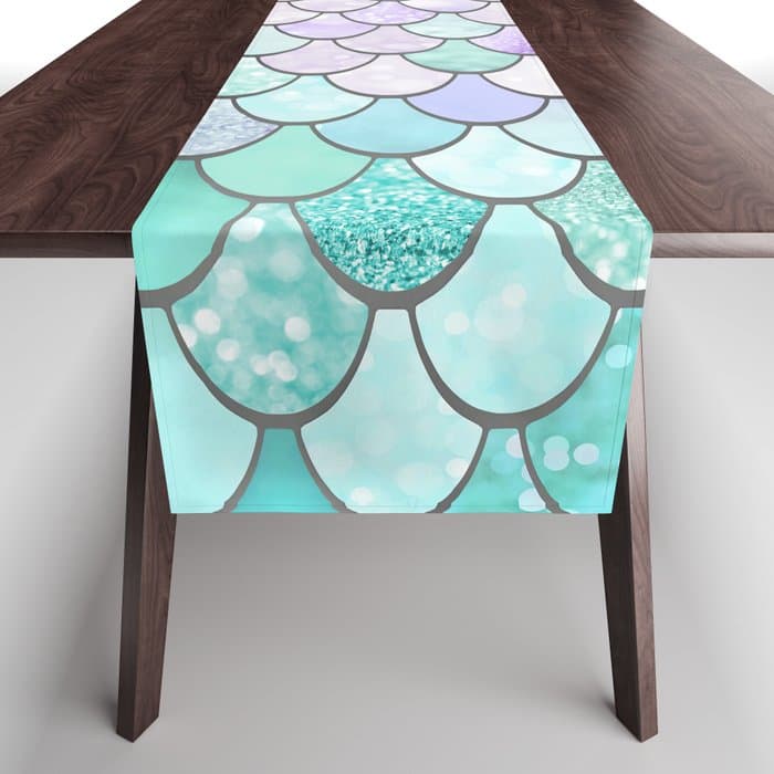 Cute Mermaid Pattern, Pink, Purple, Teal, Pastel Aesthetics Table Runner