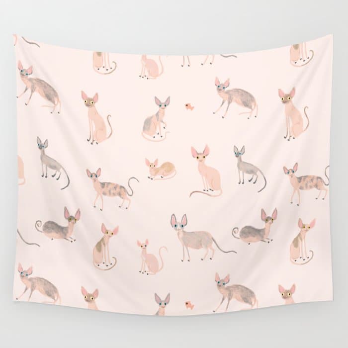 Sphynx Cats - No Furr Don't Care - Cat Pink Wall Tapestry