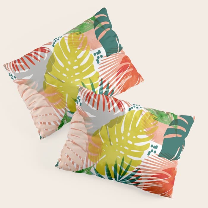 Tropical Garden, Botanical Colorful Jungle Watercolor Painting, Monstera Palm Nature Blush Bohemian Pillow Sham